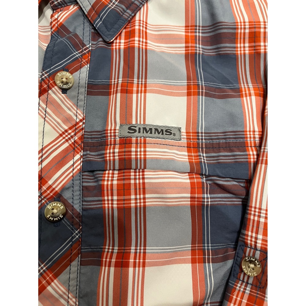 Simms Fishing Shirt Mens XL Long Sleeve Plaid Button Down Red White Blue Pockets - Picture 2 of 7